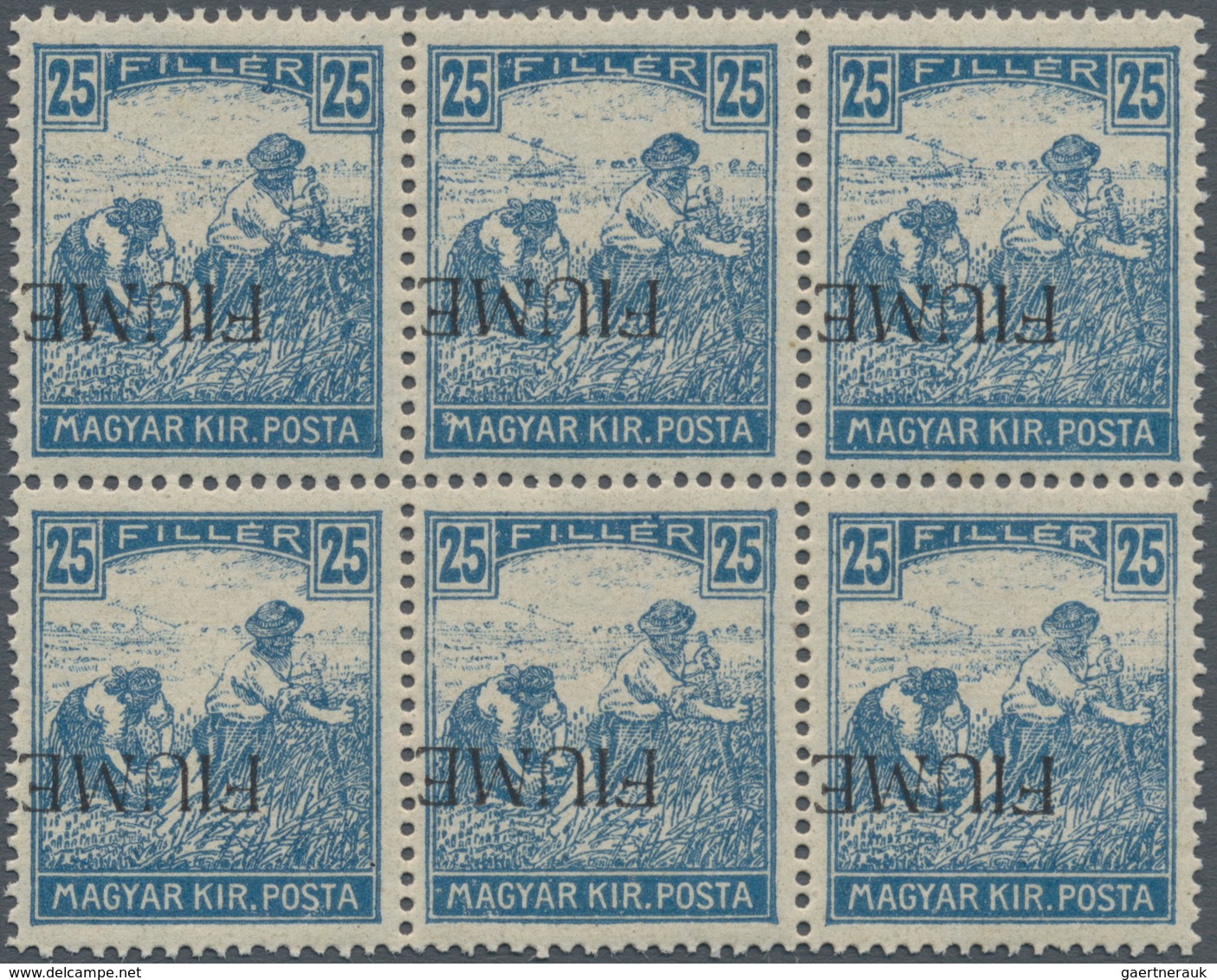 Fiume: 1920, Hungary 25f. Ultramarine With INVERTED Overprint ‚FIUME‘ In A Lot With 32 Stamps In Blo - Fiume