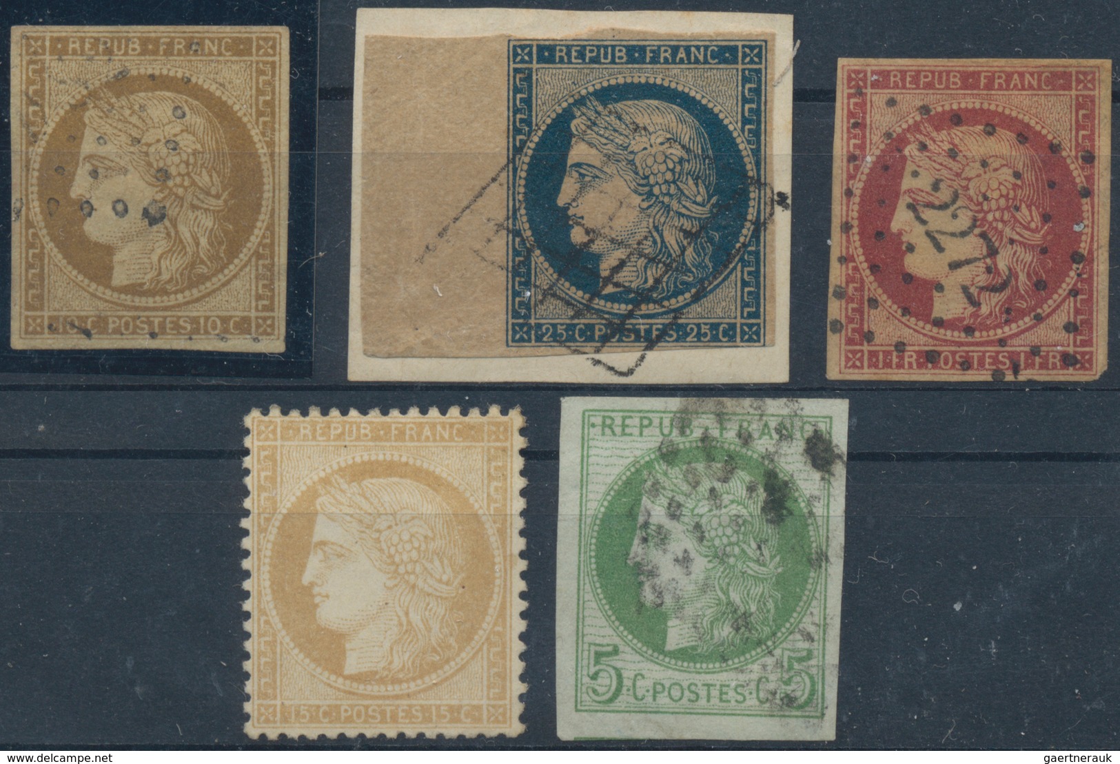 Frankreich: 1849/1870, Lot Of Five Stamps Incl. 1849/1950 Ceres 10c. And 1fr., To Be Inspected. - Sammlungen