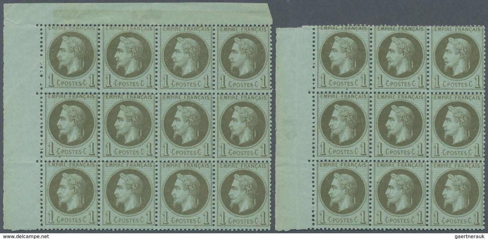 Frankreich: 1862, Napoleon Laure 1c. Olive On Bluish, Two Multiples: Marginal Block Of Twelve From T - Verzamelingen