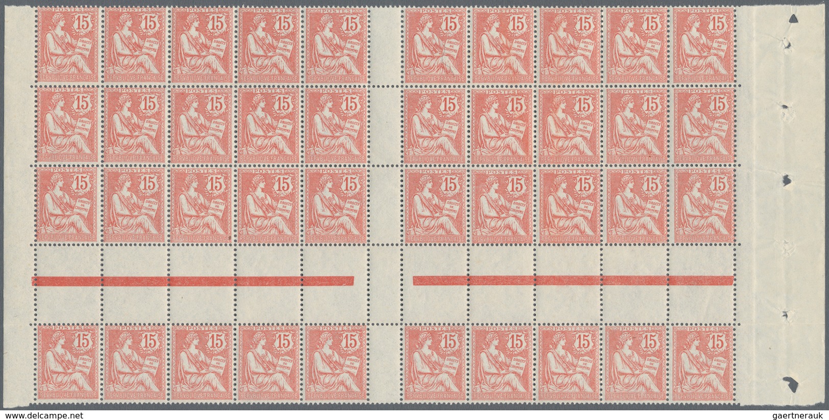 Frankreich: 1903, Mouchen Retouche, 15c. Vermilion, Cross Gutter Block Of 40 Stamps (folded), Mint N - Collections