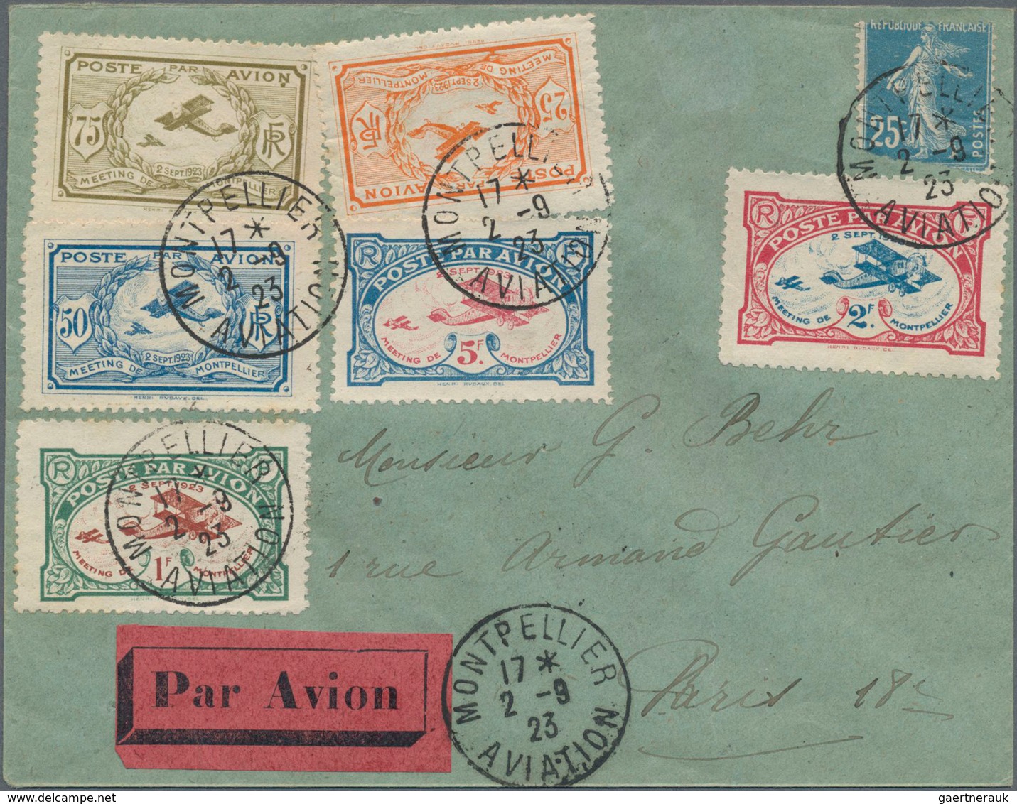 Frankreich: 1910/1939, Airmail, Lot Of Seven Covers/cards, Showing Flight Cachets, Airmail Frankings - Colecciones Completas