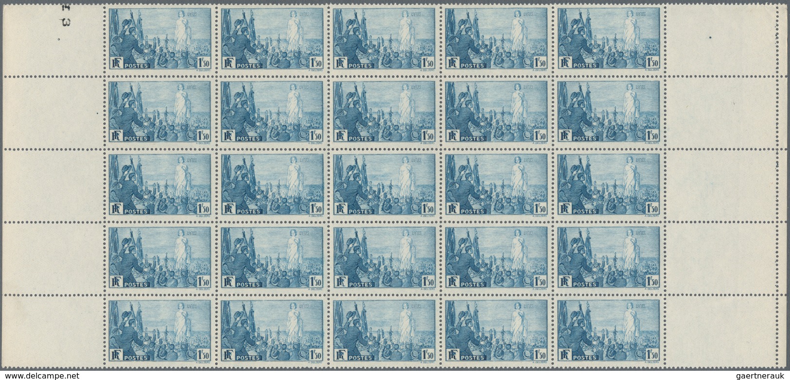 Frankreich: 1936, 1.50fr. PAX, Marginal Block Of 25 Stamps, Mint Never Hinged. Maury 328 (25), 900,- - Collections