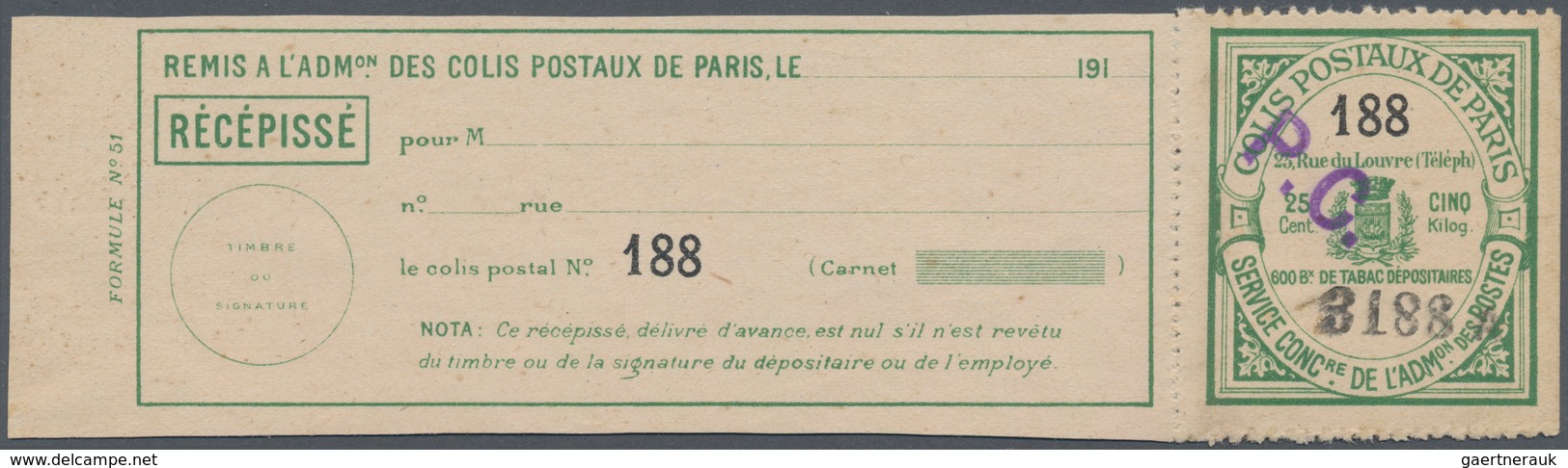 Frankreich - Postpaketmarken: 1910 (ca.), Two-part Coupon 'COLIS POSTAUX DE PARIS' 25c. Green Type I - Other & Unclassified