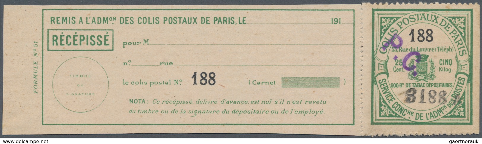 Frankreich - Postpaketmarken: 1910 (ca.), Two-part Coupon 'COLIS POSTAUX DE PARIS' 25c. Green Type I - Autres & Non Classés