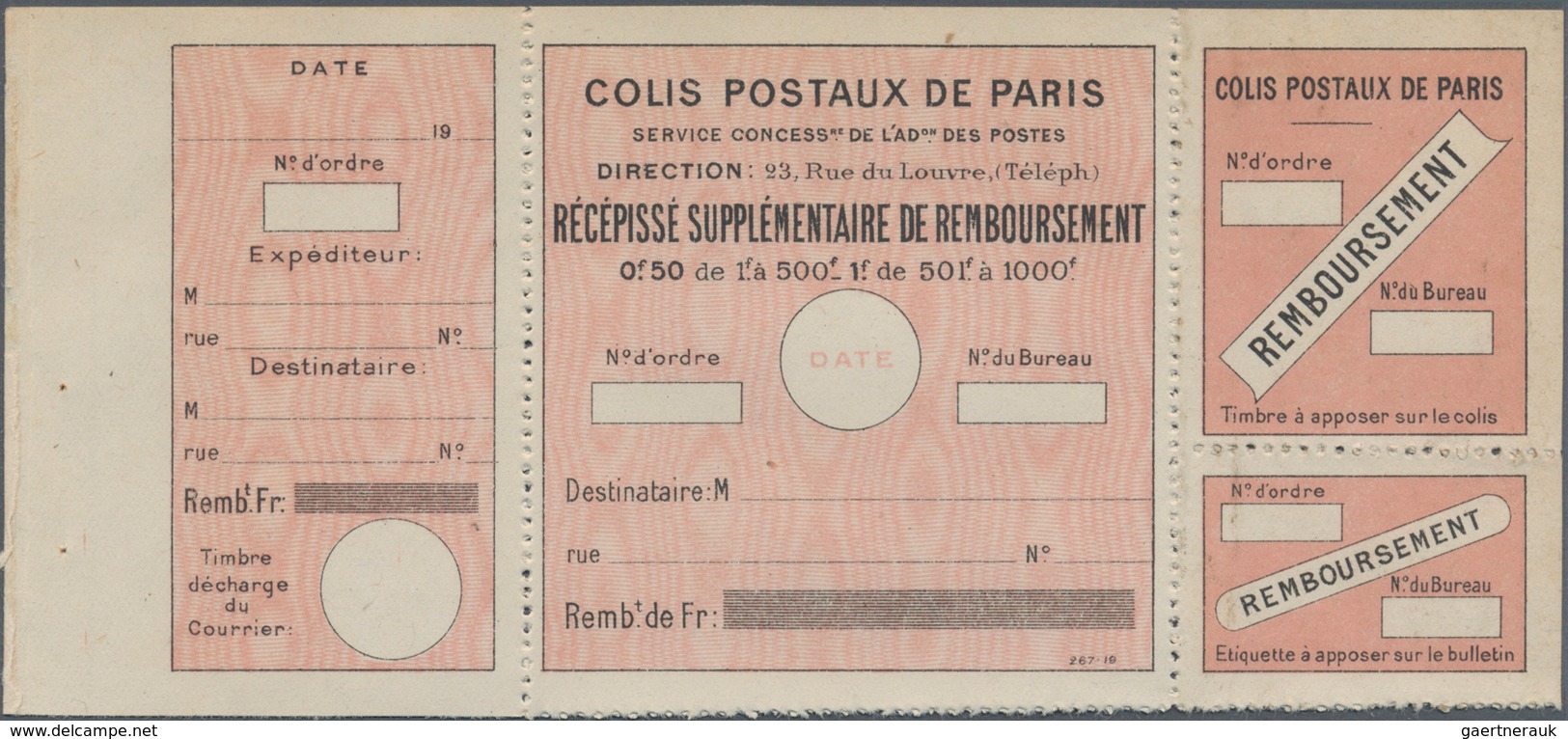 Frankreich - Postpaketmarken: 1919, Four-part Coupon 'COLIS POSTAUX DE PARIS' (remboursement) 50c. T - Andere & Zonder Classificatie