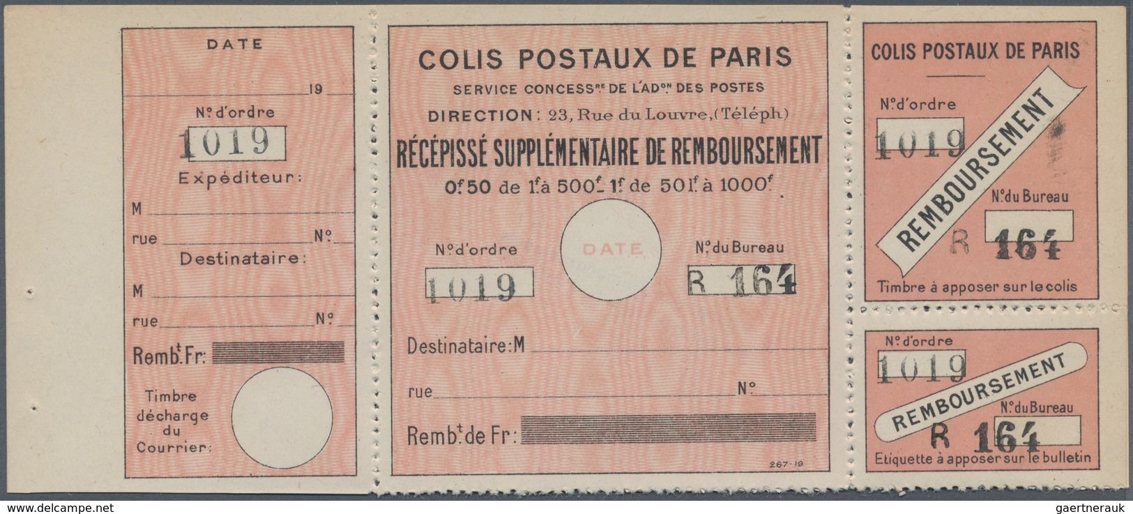 Frankreich - Postpaketmarken: 1919, Four-part Coupon 'COLIS POSTAUX DE PARIS' (remboursement) 50c. T - Other & Unclassified