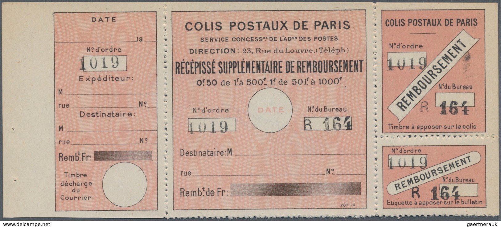 Frankreich - Postpaketmarken: 1919, Four-part Coupon 'COLIS POSTAUX DE PARIS' (remboursement) 50c. T - Sonstige & Ohne Zuordnung