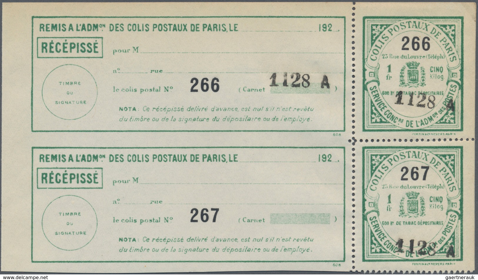 Frankreich - Postpaketmarken: 1924, Two-part Coupon 'COLIS POSTAUX DE PARIS' (armoiries) Green On Wh - Otros & Sin Clasificación