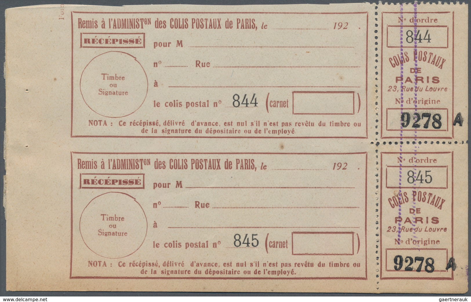 Frankreich - Postpaketmarken: 1926, Two-part Coupon 'COLIS POSTAUX DE PARIS' (Fortin) Brown On White - Otros & Sin Clasificación