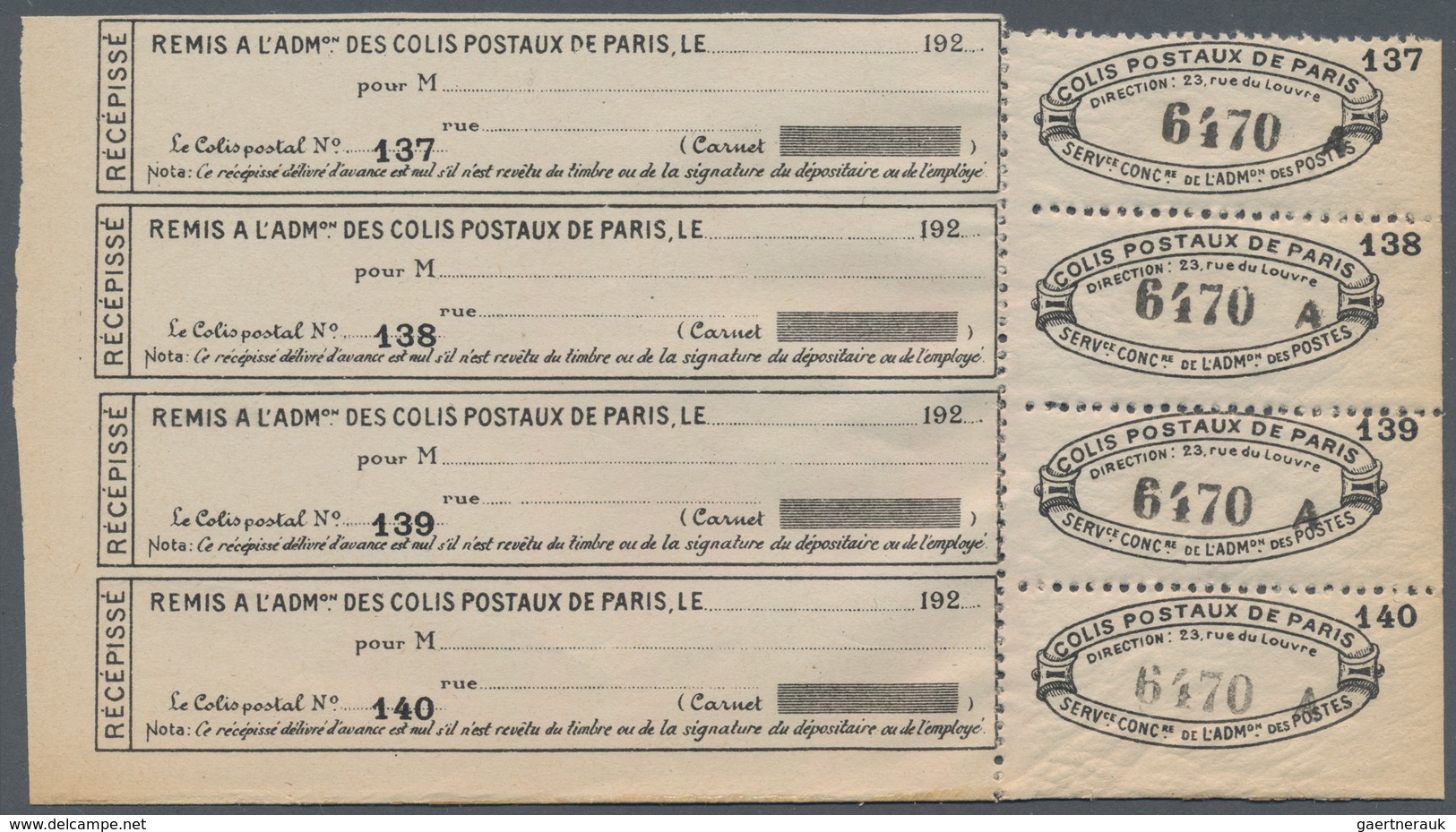 Frankreich - Postpaketmarken: 1926, Two-part Coupon 'COLIS POSTAUX DE PARIS' Black On White Paper (w - Sonstige & Ohne Zuordnung