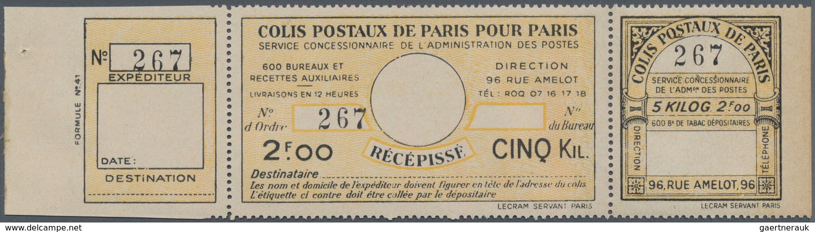 Frankreich - Postpaketmarken: 1930, Three-part Coupon 'COLIS POSTAUX DE PARIS POUR PARIS' 2fr.00 Yel - Other & Unclassified