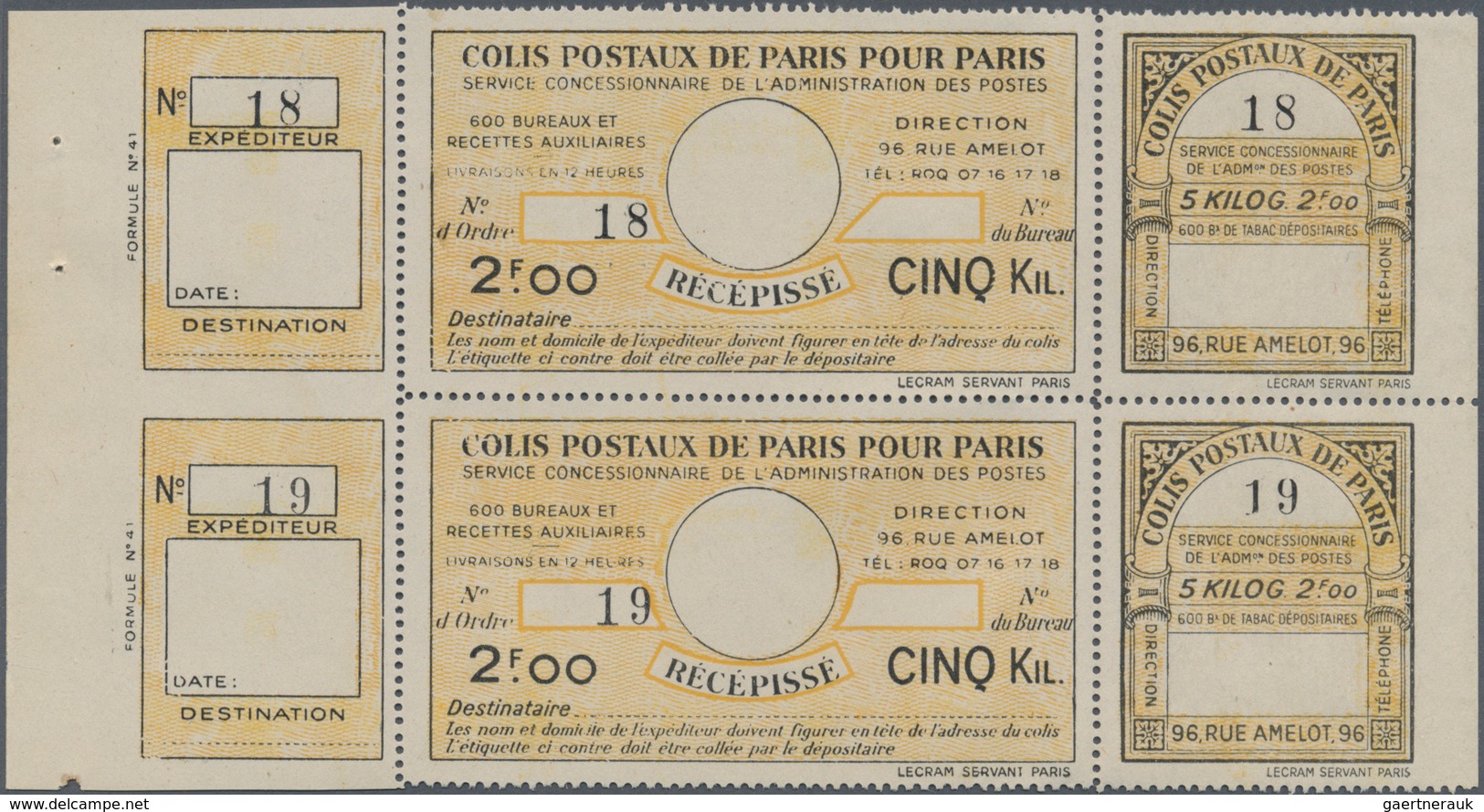 Frankreich - Postpaketmarken: 1930, Three-part Coupon 'COLIS POSTAUX DE PARIS POUR PARIS' 2fr.00 Yel - Sonstige & Ohne Zuordnung
