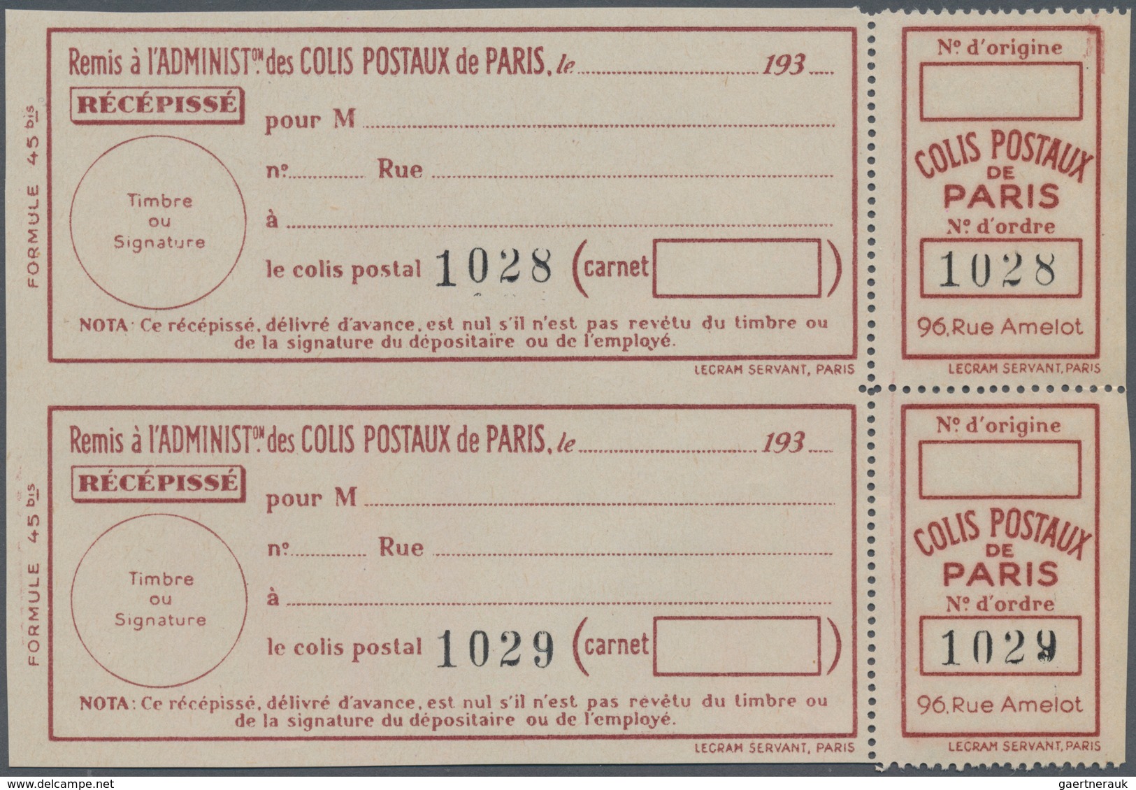 Frankreich - Postpaketmarken: 1930, Two-part Coupon 'COLIS POSTAUX DE PARIS' (Lecram Servant) In Bro - Andere & Zonder Classificatie