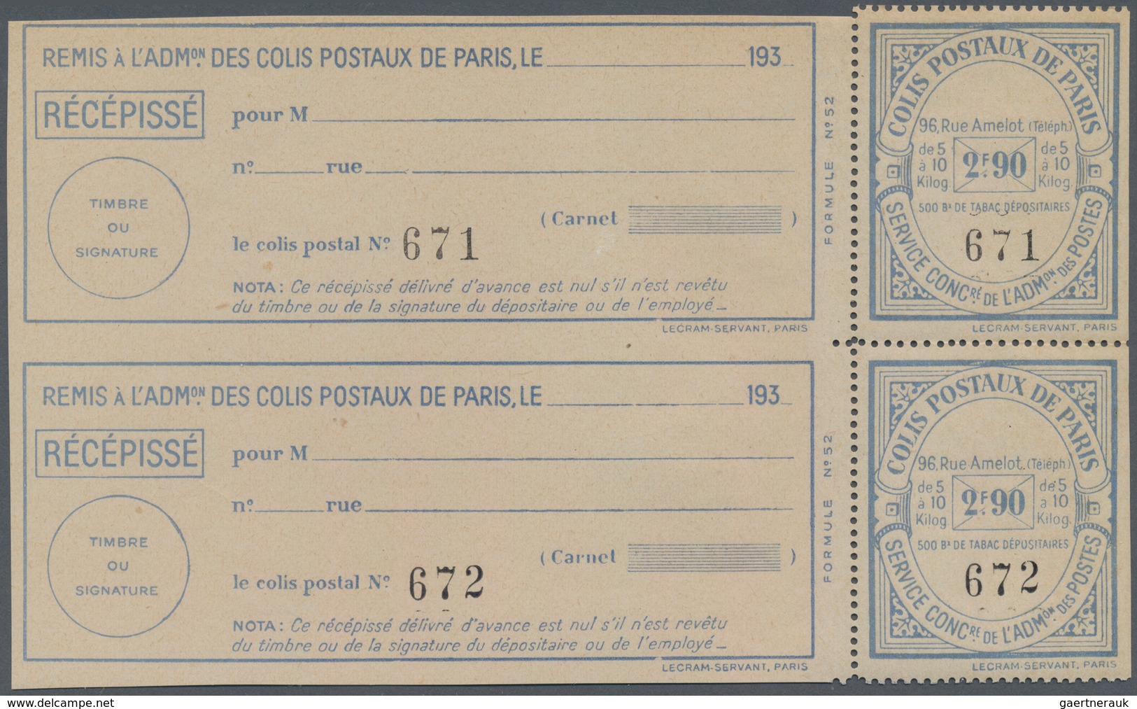 Frankreich - Postpaketmarken: 1930, Two-part Coupon 'COLIS POSTAUX DE PARIS' 2F.90 Blue For Parcels - Andere & Zonder Classificatie