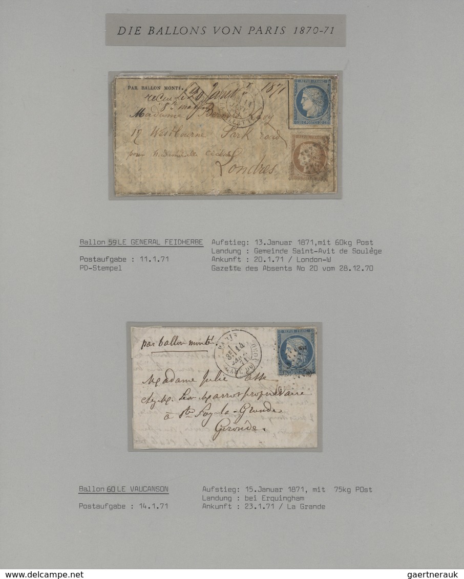 Frankreich - Ballonpost: 1870/1871, BALLON MONTE, Exhibit Collection Of 87 Entires From 22 September - 1960-.... Lettres & Documents