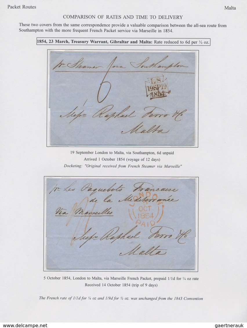 Großbritannien: 1841/1854, 8 Folded Letters Showing Routes And Postage Rates To Malta And The Easter - Autres & Non Classés