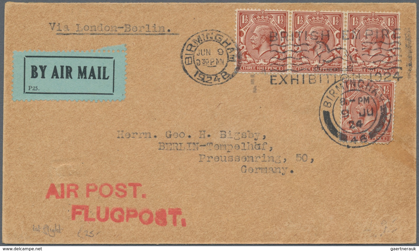 Großbritannien: 1922/1924, Four Interesting And Early Airmail Covers From Great Britain To Germany C - Andere & Zonder Classificatie