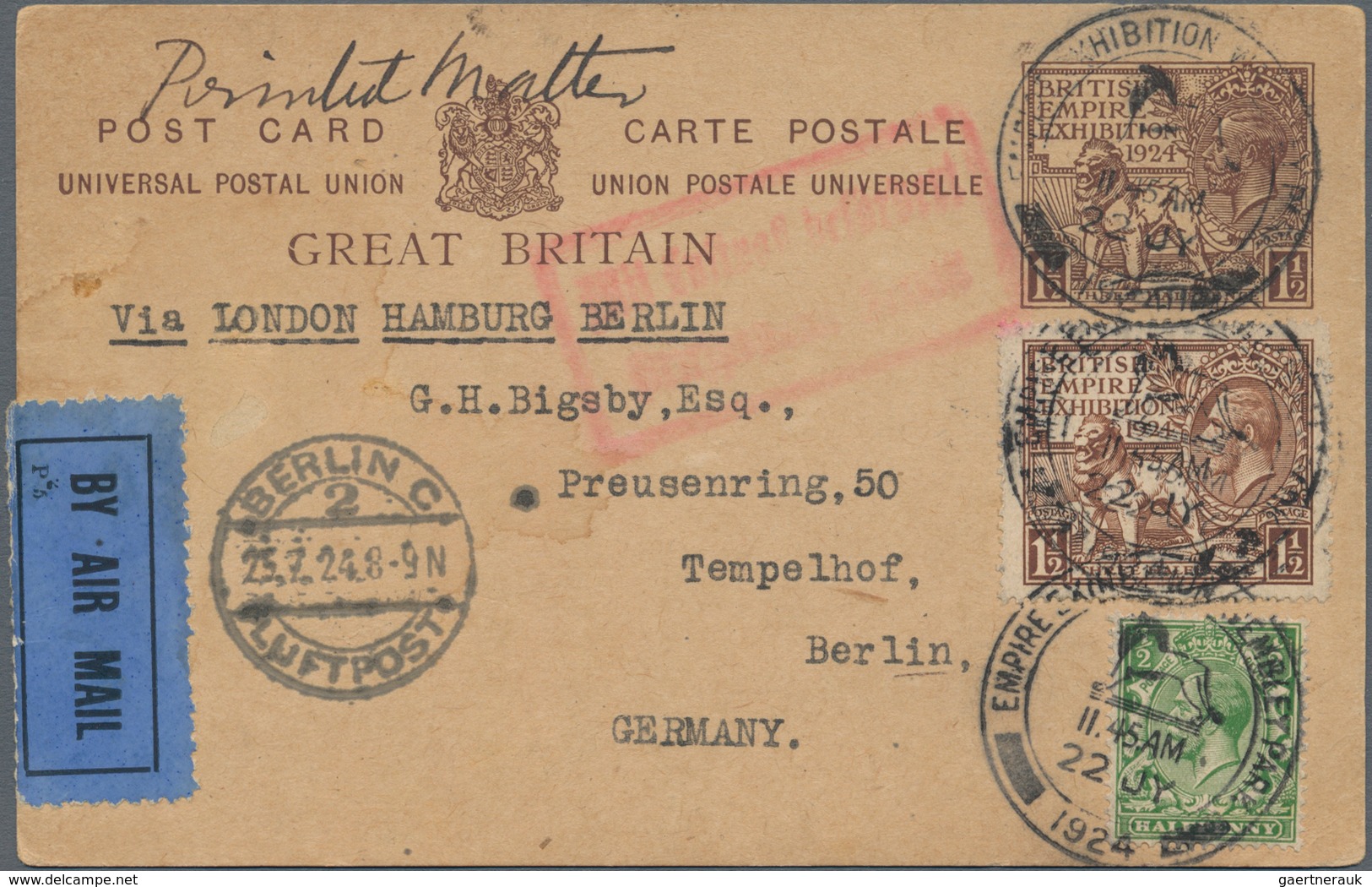 Großbritannien: 1923/1924, Four Interesting And Early Airmail Covers From Great Britain To Germany C - Otros & Sin Clasificación