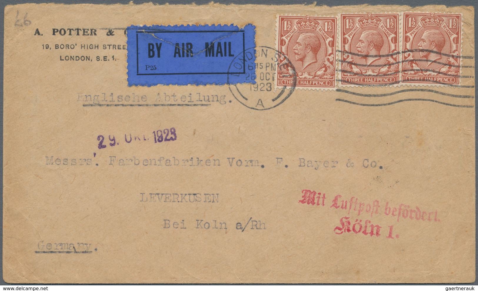 Großbritannien: 1923/1924, Four Interesting And Early Airmail Covers From Great Britain To Germany C - Otros & Sin Clasificación