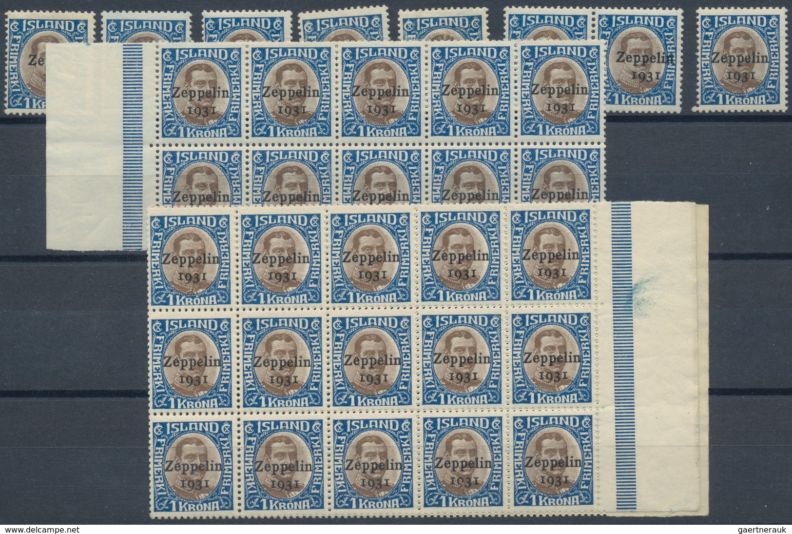 Island: 1931, Zeppelin 1kr. Blue/brown, 48 Pieces Mint Never Hinged, Mainly Within Multiples. Michel - Other & Unclassified