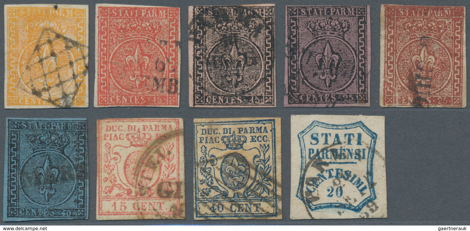 Italien - Altitalienische Staaten: Parma: 1852-59, Assembling Of Nine Used Stamps Including 5 C. Yel - Parme