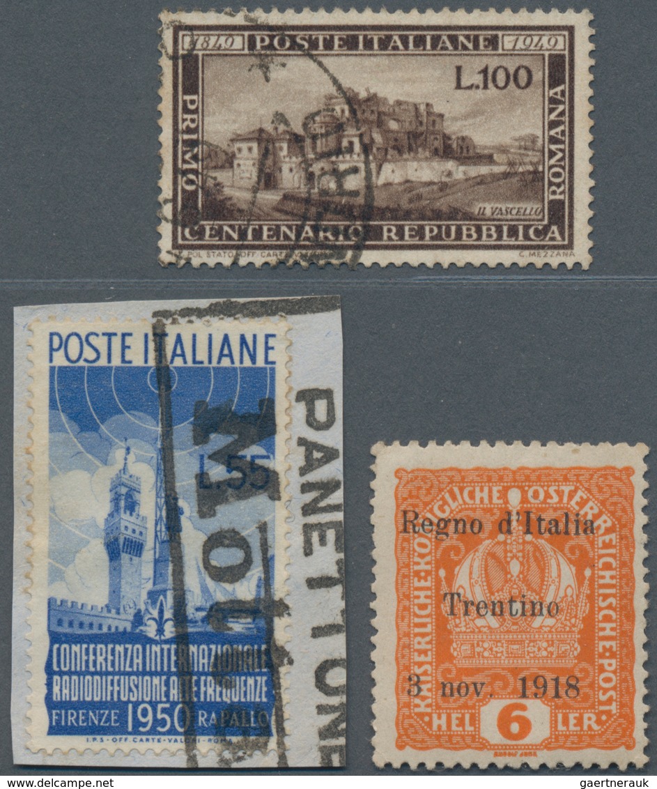 Italien: 1860's-1950's Ca.: Hundreds Of Used Stamps, Few Mint, And Several Covers And Documents, Wit - Sammlungen