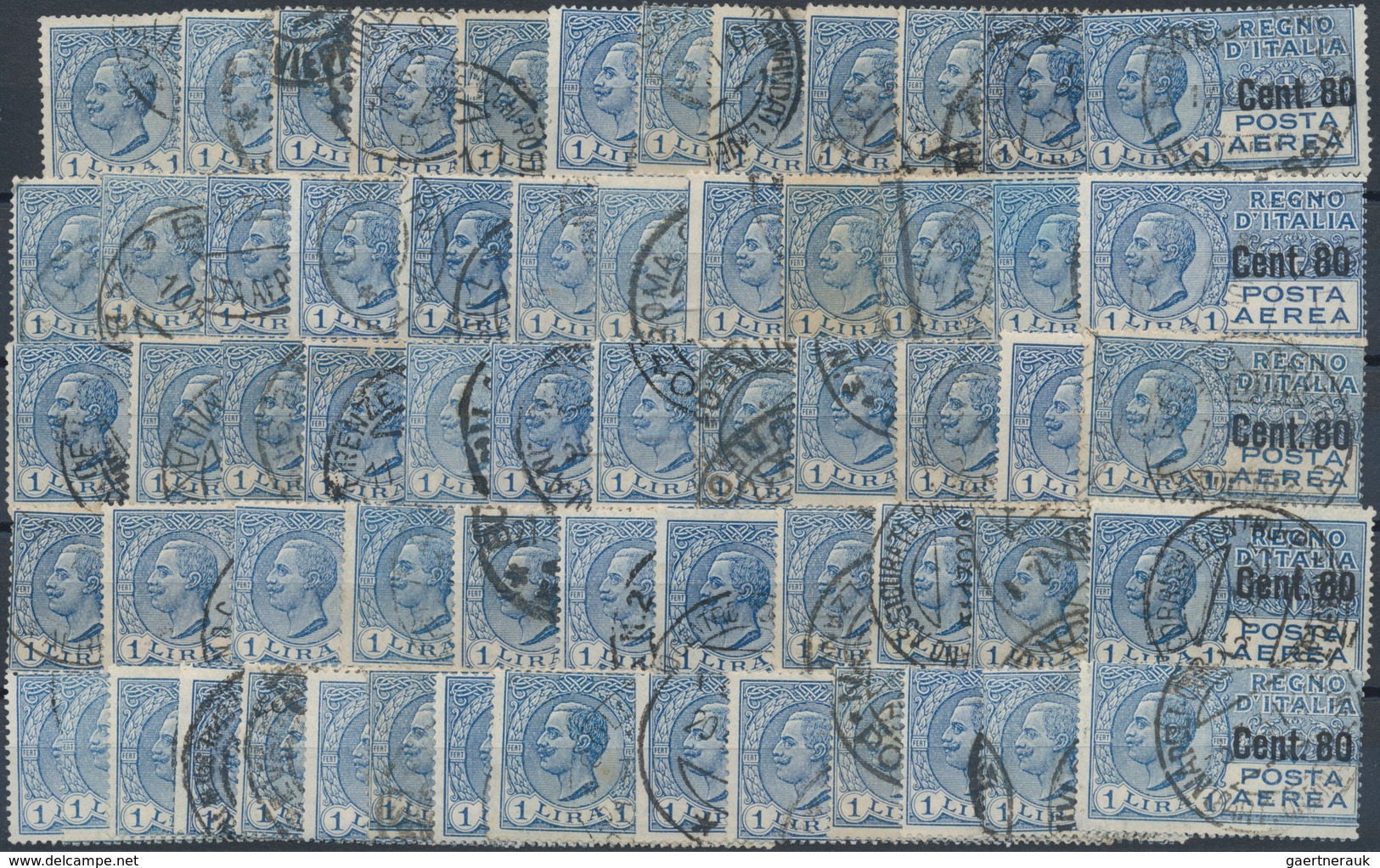 Italien: 1927, Air Mail 80 Cent On 1 Lira Blue, 50 Stamps Used, Sassone Catalogue Value 30.000,- - Colecciones