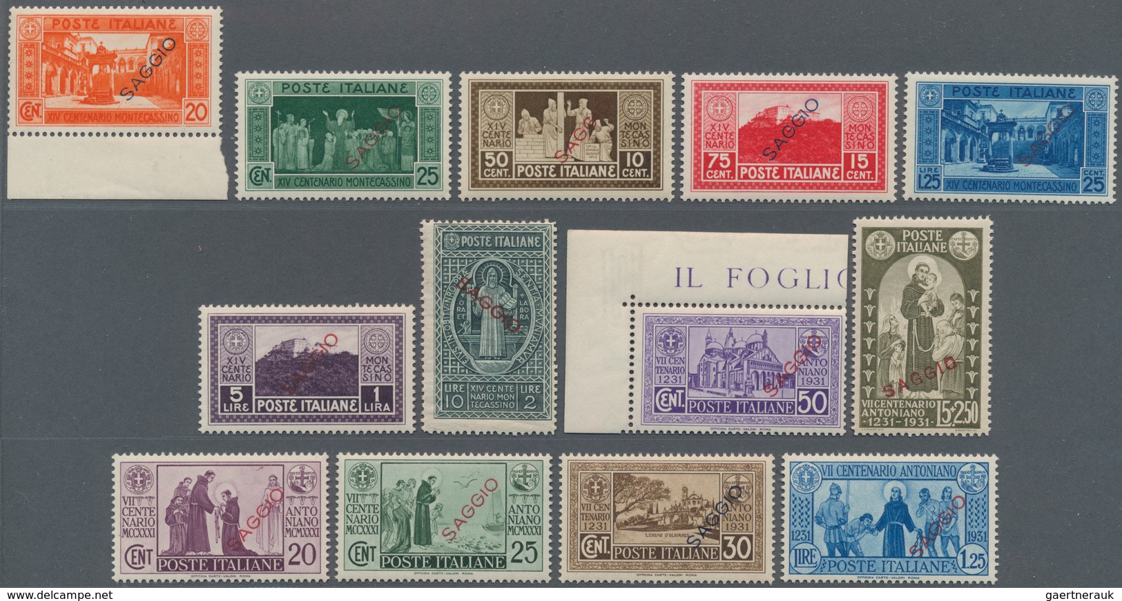 Italien: 1929/1931. Small Lot Of 35 Mint Never Hinged Stamps, All Overprinted SAGGIO In RED Or BLUE, - Verzamelingen