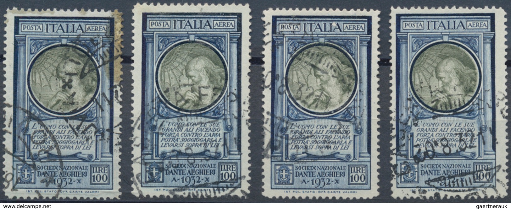 Italien: 1932, Dante Air Mail 100 Lire 4 Used Stamps, One Faults. Sassone Catalogue Value 5.600,- - Collections