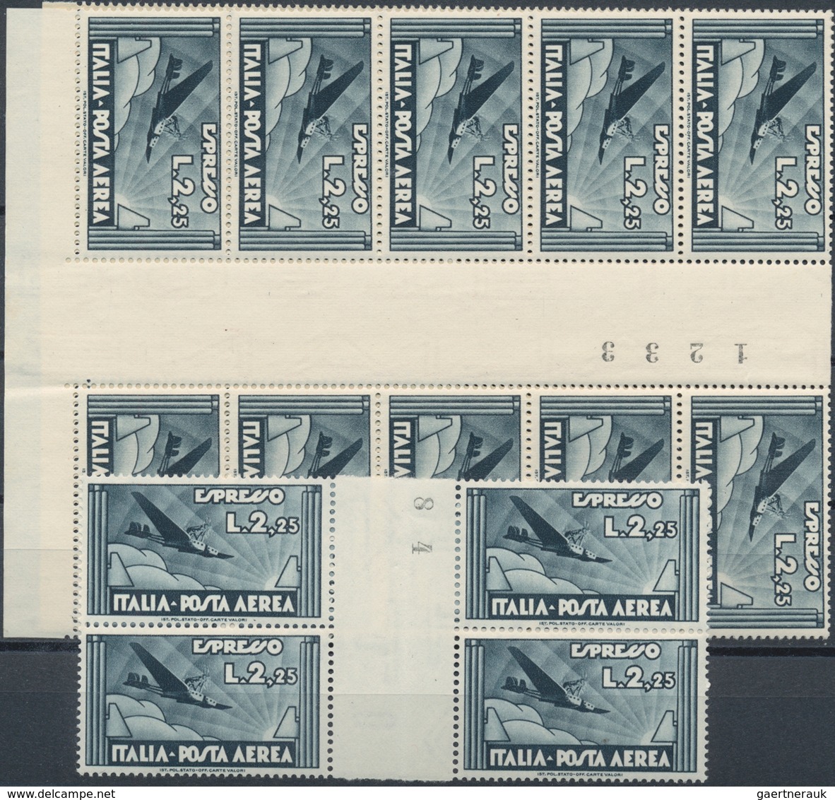 Italien: 1933, Air Mail Issue 2,25 Lire Slate Gutter Pairs, 12 Mint Never Hinged Pairs, Sassone Cata - Collections