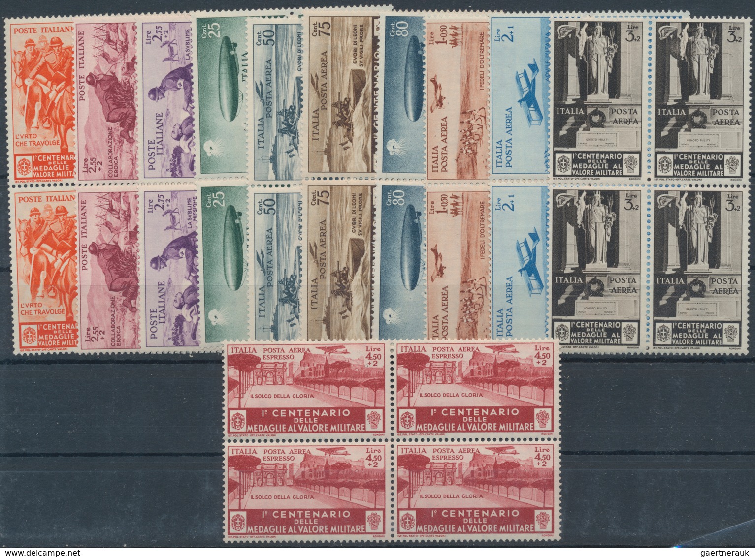 Italien: 1934, Military Medal, Lot Of Eleven Blocks Of Four Unmounted Mint (toned Gum): Michel Nos. - Colecciones