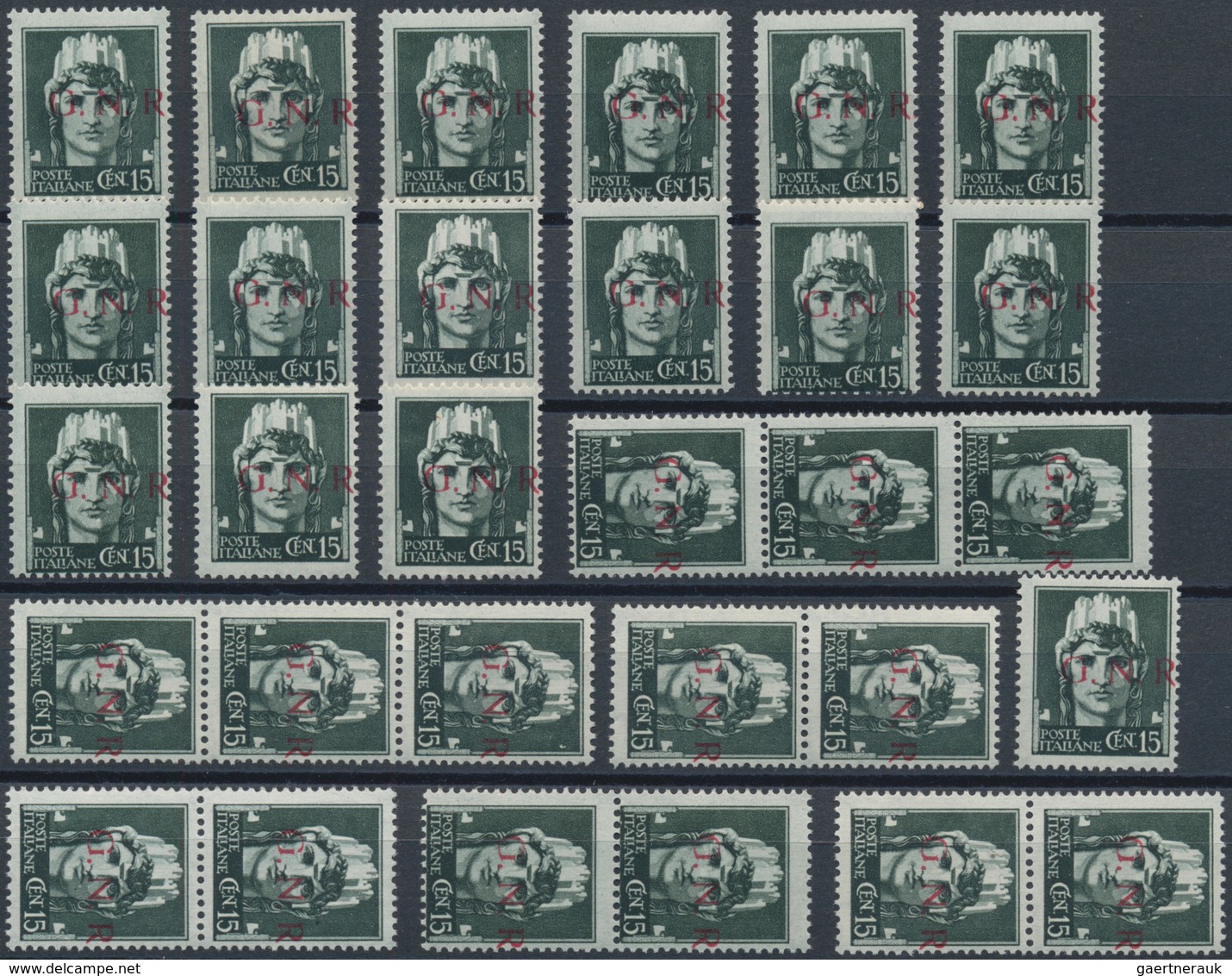 Italien: 1944, Republika Sociale "G.N.R." Issue 15 C. Greenish Grey 60 Stamps Mint Never Hinged Stri - Sammlungen
