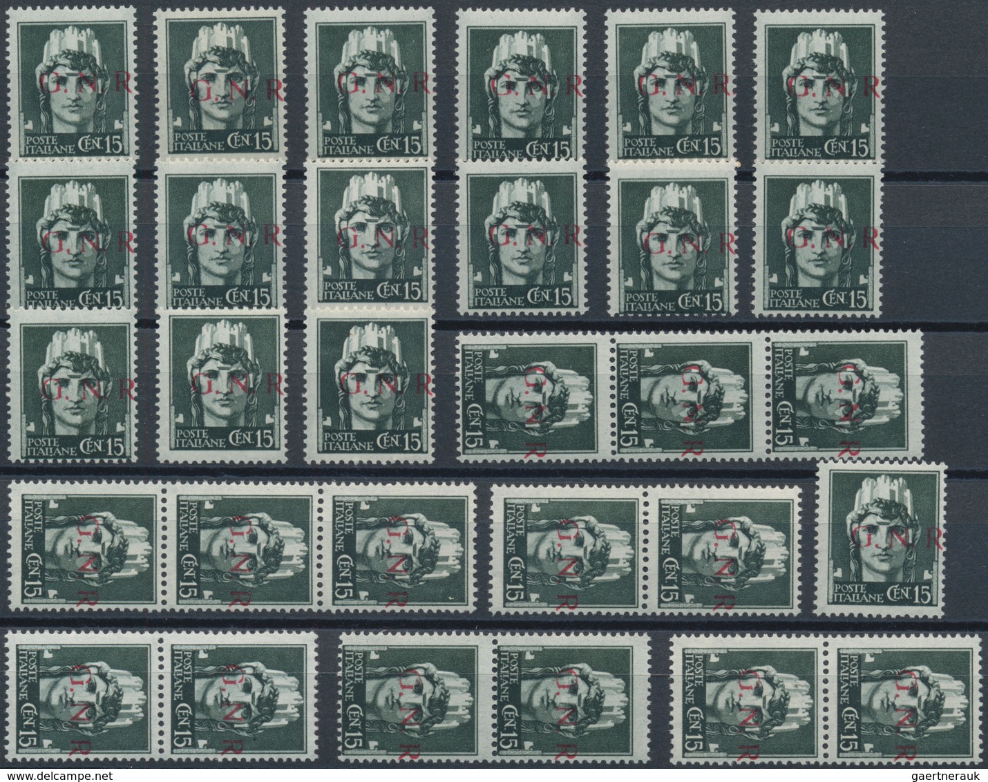 Italien: 1944, Republika Sociale "G.N.R." Issue 15 C. Greenish Grey 60 Stamps Mint Never Hinged Stri - Verzamelingen