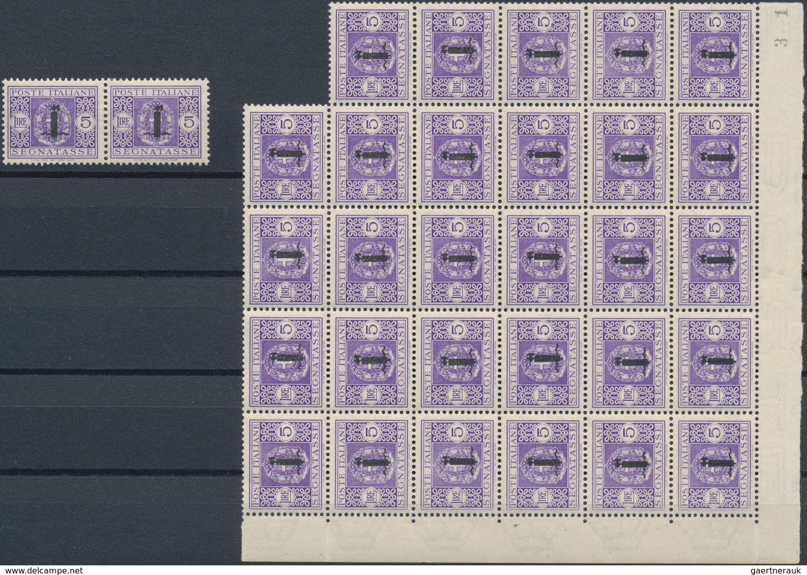 Italien: 1944, Republika Sociale "G.N.R." Issue 5 Lire Violet 31 Stamps Mint Never Hinged Large Bloc - Sammlungen