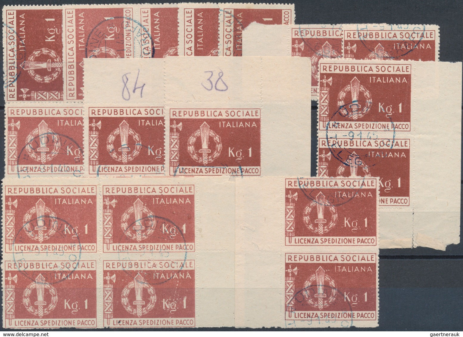 Italien: 1944, Republika Sociale "KG.1" Brown 88 Stamps Used Blocks, Pairs And Singles. Sassone Cata - Collections