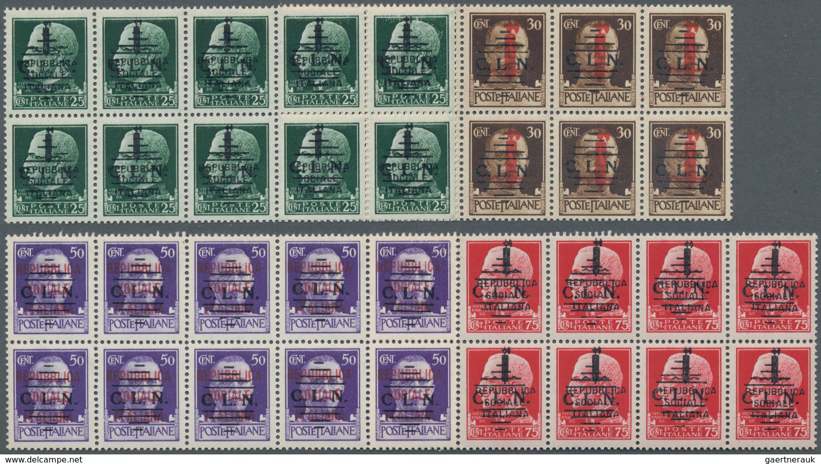 Italien: 1944-45, REP. SOC. ITALIANA & OCCUPATION ISSUES high value stamps and blocks on cards, Tori