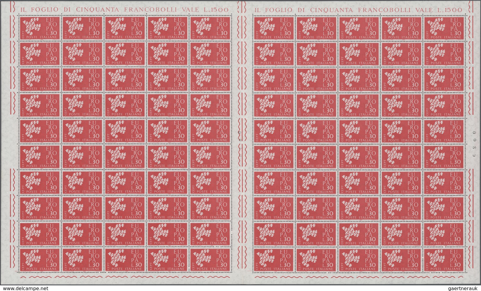 Italien: 1961, Europa, Six Folded Sheets Of 100 Stamps Per Issue With Gutters (= 10 Gutter Pairs Per - Colecciones