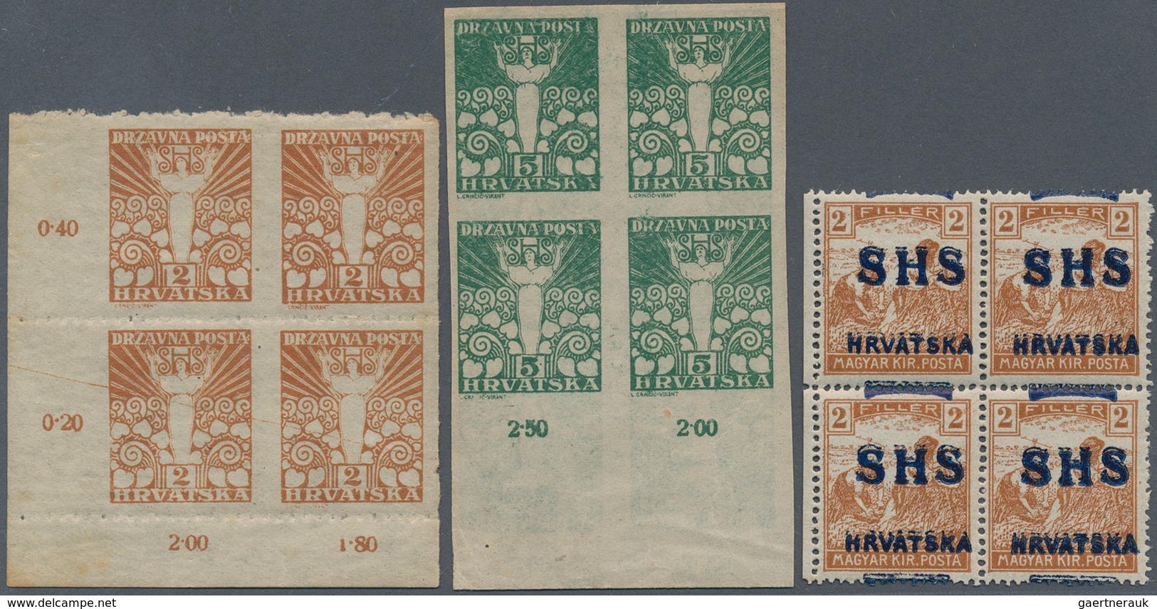 Jugoslawien: 1918/1919, Issues For Croatia, Mint Assortment Of 36 Stamps Within Multiples, Showing V - Brieven En Documenten