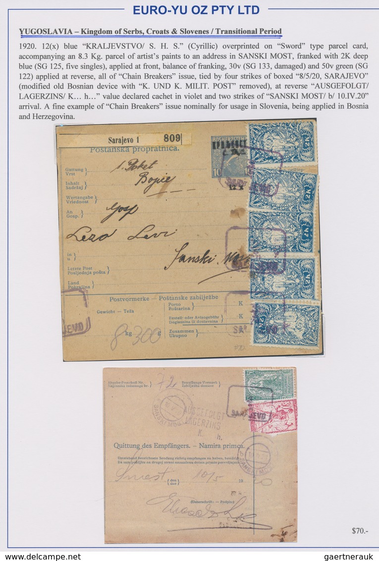 Jugoslawien: 1918/1920, Assortment Of 16 Better Entires, Comprising Parcel Despatch Forms, Interesti - Brieven En Documenten