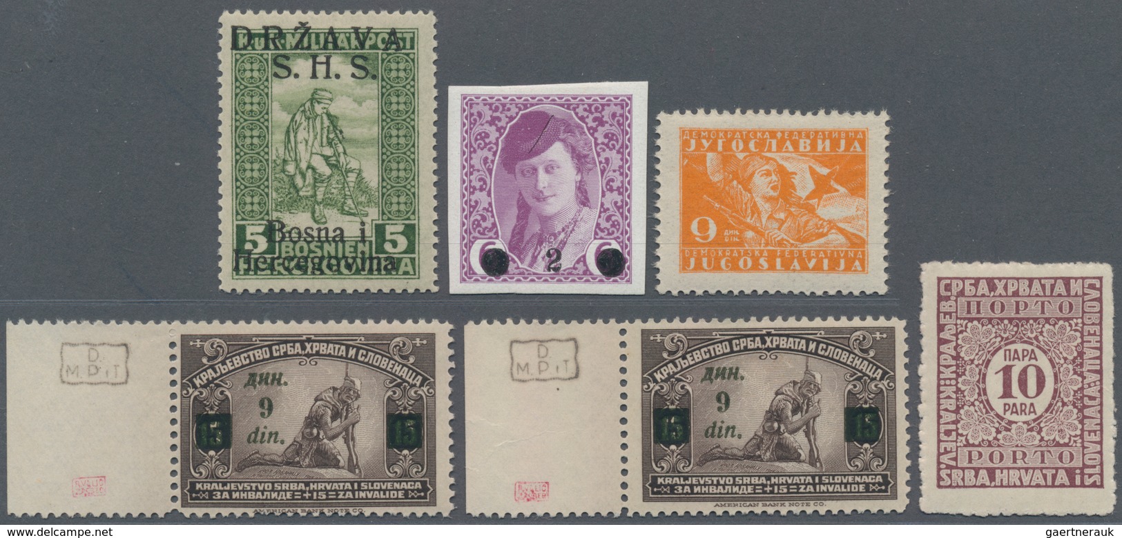 Jugoslawien: 1918-80, Group Of 34 Stamps And Three Souvenir Sheets, Mostly Specials Like 1918 5+2h. - Brieven En Documenten