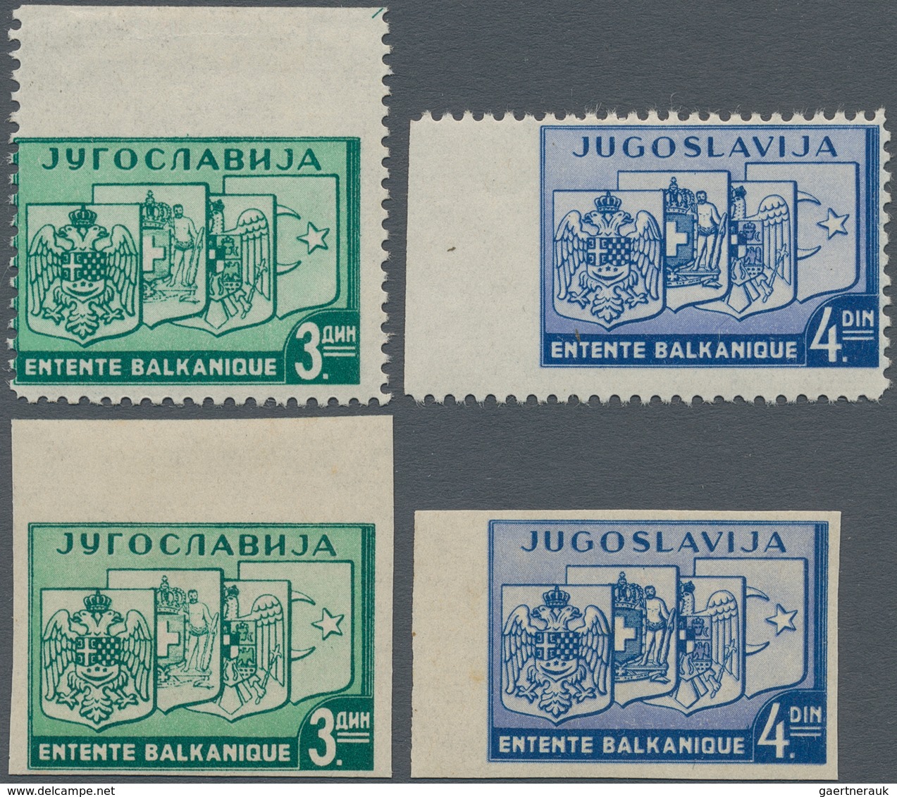 Jugoslawien: 1937, Balkan Entente, Specialised Assortment Of 27 Stamps, Showing Imperf. Set, Both Pa - Brieven En Documenten