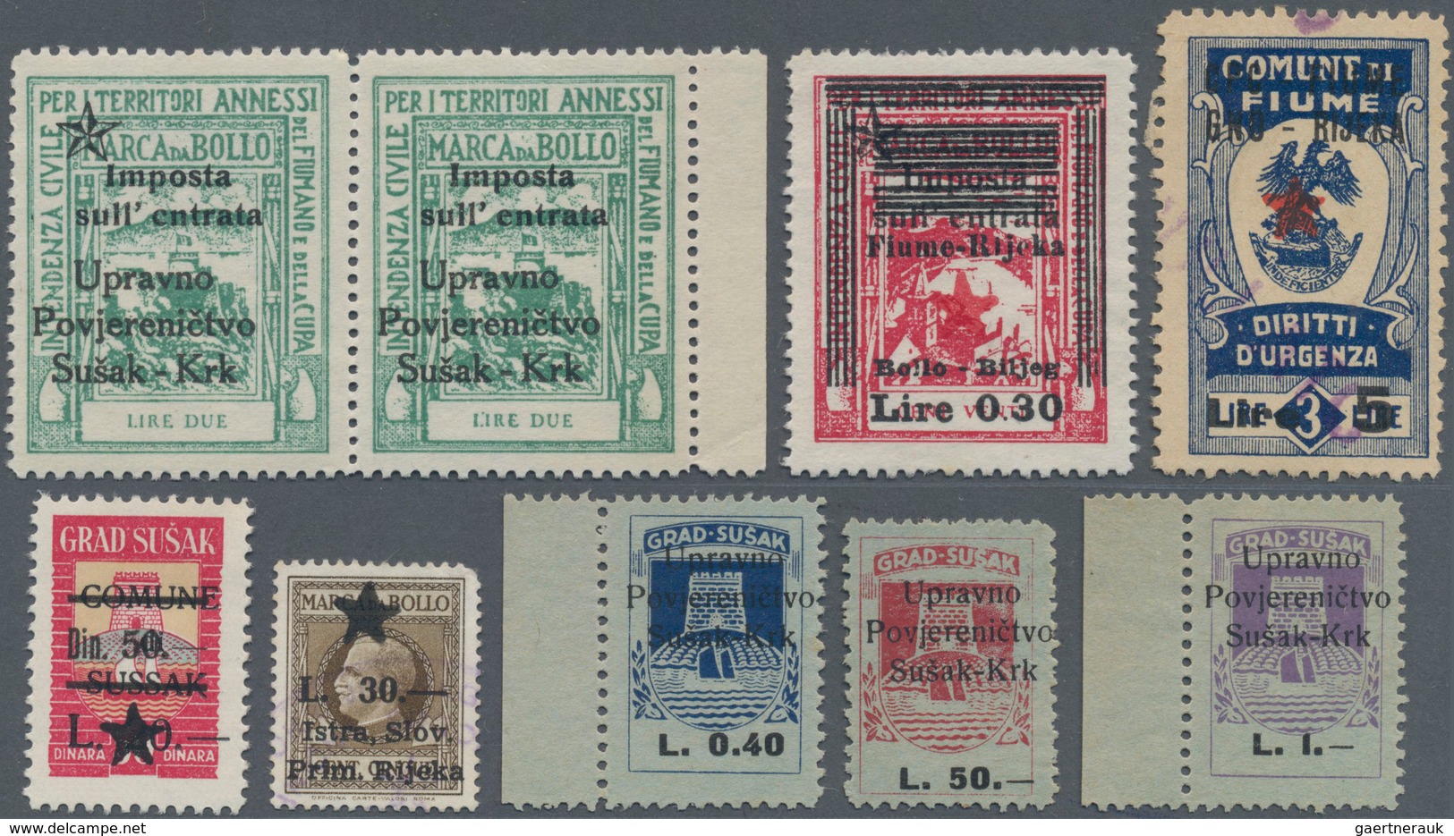Jugoslawien - Besonderheiten: 1945, Locals, Lot Of Nine Overprinted Fiscal Stamps: Susak-Krk, Fiume- - Autres & Non Classés
