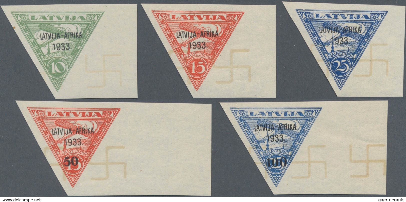 Lettland: 1933, First Flight Latvia-Gambia Complete Set Of Five In A Lot With 40 Sets Mostly In Bloc - Letland