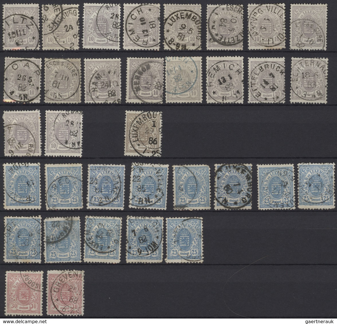 Luxemburg: 1880/1884, Definitives Coat Of Arms", Used Assortment Of 95 Stamps Incl. Three Copies 5c. - Autres & Non Classés