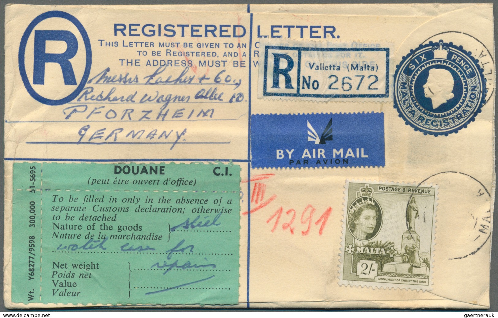 Malta - Ganzsachen: 1956/1958, Group Of Ten Uprated Registered Stationery Envelopes 6c. Blue, Sent T - Malta