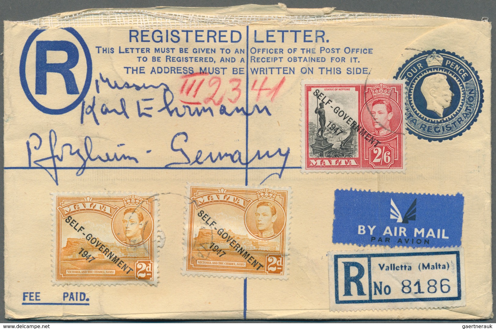 Malta - Ganzsachen: 1956/1958, Group Of Ten Uprated Registered Stationery Envelopes 6c. Blue, Sent T - Malte