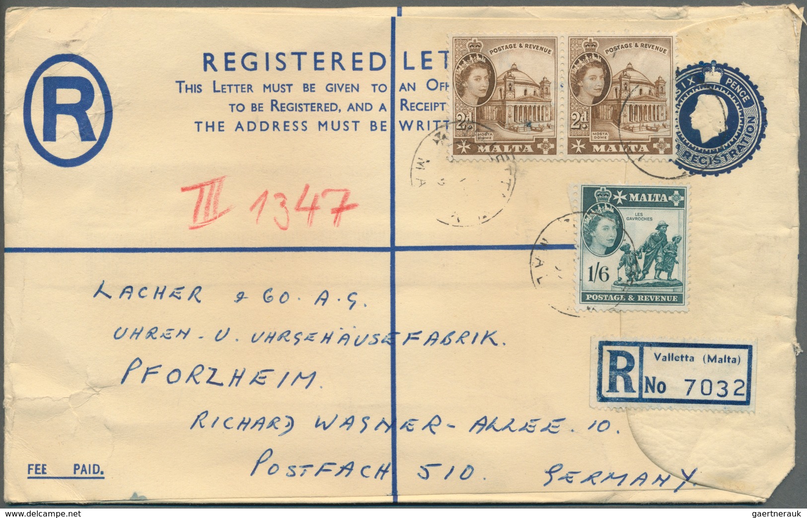 Malta - Ganzsachen: 1956/1958, Group Of Ten Uprated Registered Stationery Envelopes 6c. Blue, Sent T - Malta