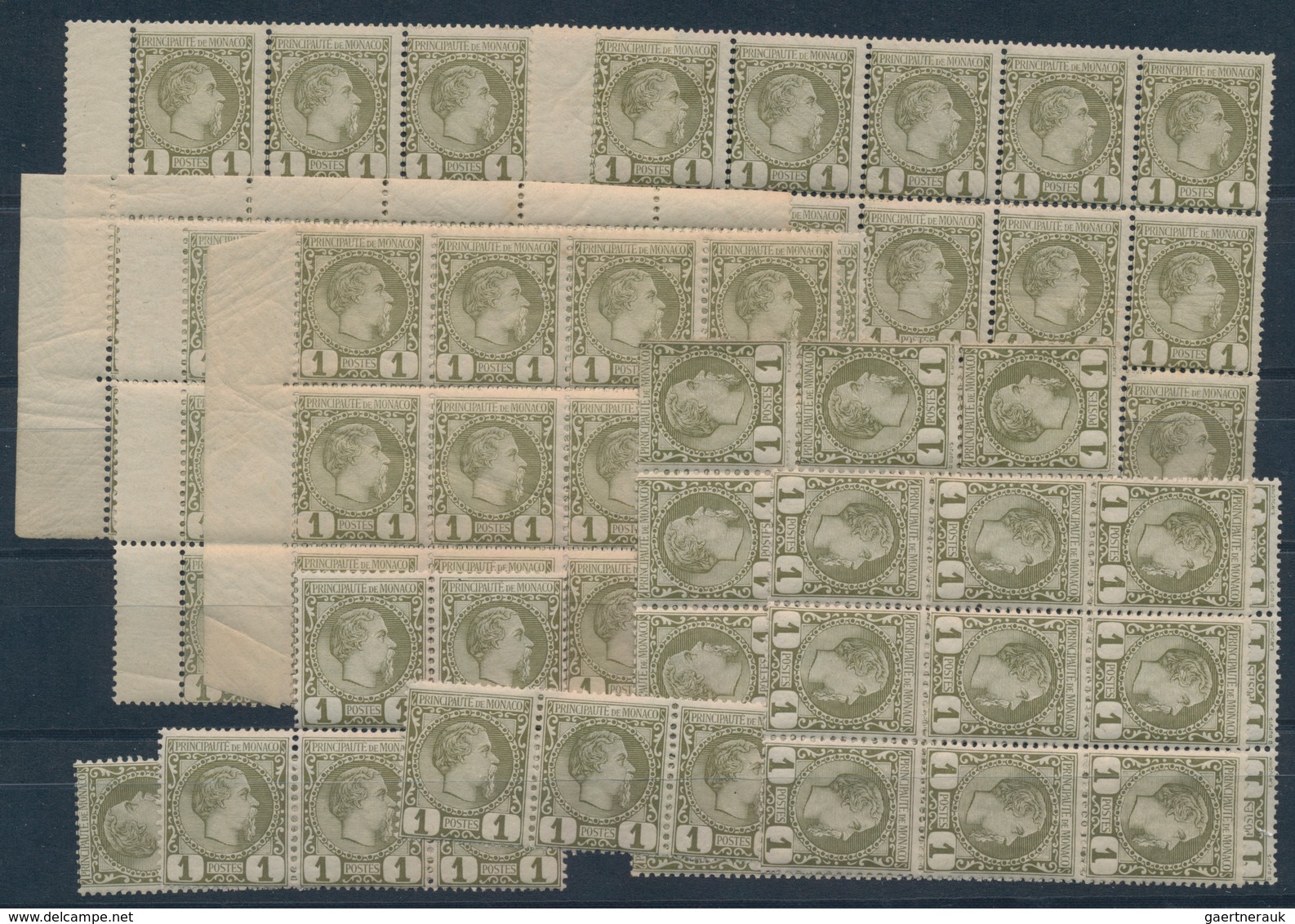 Monaco: 1885, Prince Charles 1c. Olive, Lot Of 94 Stamps Within Multiples, Mint Never Hinged. Maury - Usati