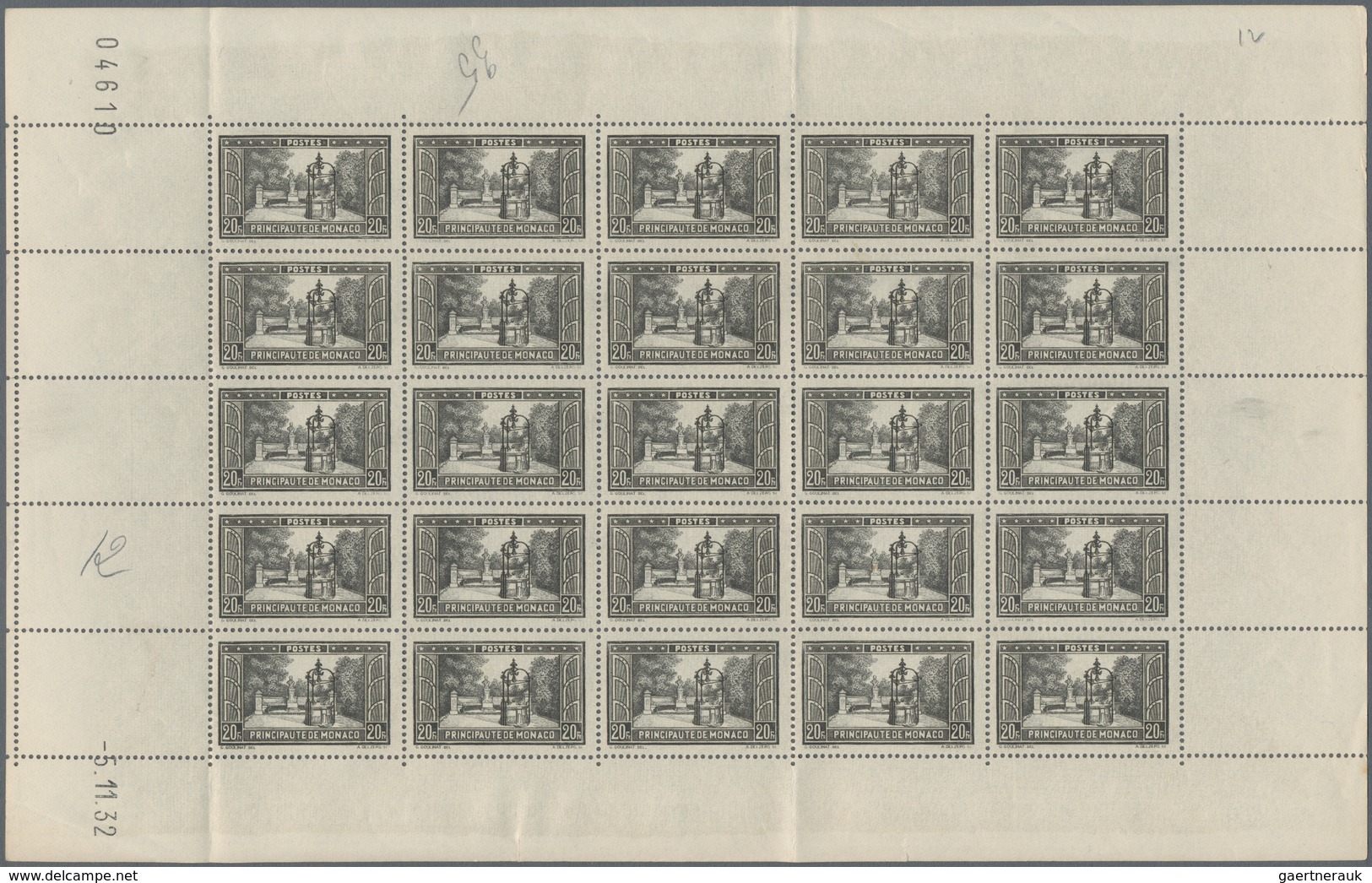 Monaco: 1933/1937, Definitives "Buildings", 15c.-2fr., Complete Set Of 17 Values In (folded) Sheets - Gebraucht