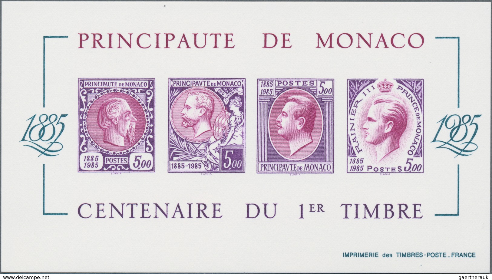 Monaco: 1985, Stamp Centenary Souvenir Sheet, Epreuve De Luxe In Differing Colours "Lilac/Purple" On - Oblitérés